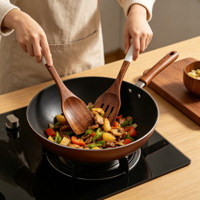 Acacia Wooden Utensil Set of 8 - Non-Stick Safe Kitchen Spoons and Spatulas for Cooking, Durable Eco-Friendly Heat Resistant Tools