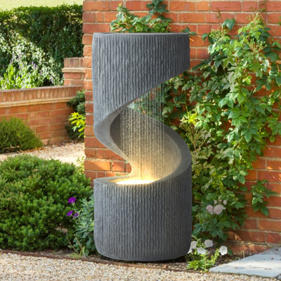 Fontaine d'extérieur en forme de S, fontaine en spirale à l'intérieur, décoration intérieure de jardin avec lumières à DEL et pompe, fontaines courbées en résine pour patio, terrasse, porche et décorations pour la maison