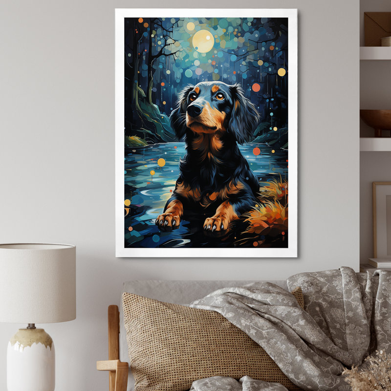 «Dachshund Dreamscape I» sur toile, H 32 po x l 16 po x P 1 po, Cadre simple blanc