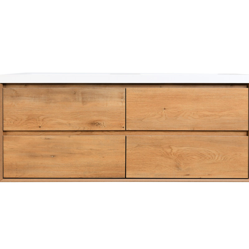 Meuble-lavabo mural flottant de 60 po avec lavabo et tiroirs en résine, conception élégante pour un grand rangement, protection silencieuse et chaleureuse, meuble-lavabo moderne en bois massif, pouces, fermeture