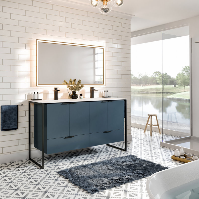 Mendiola 48 In.  Wall Mount Double Sink Bath Vanity With Solid Surface Top And Integrated Sinks, Blue