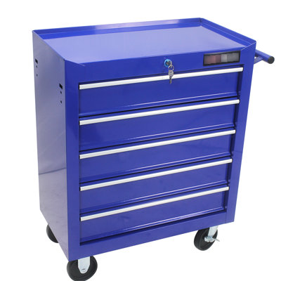 5 Drawer Tool Box With Lock And 4 Wheeled Brackets, Blue For Garage Storage 5 Chest Movable Running Wheels
