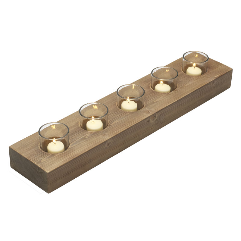 Rustic Natural Wood and Glass 23" Linear Candle Holder