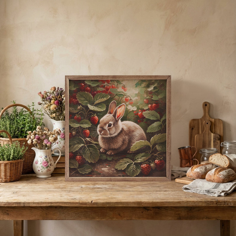 Lapin dans la parcelle de fraises, H 24 po x l 24 po