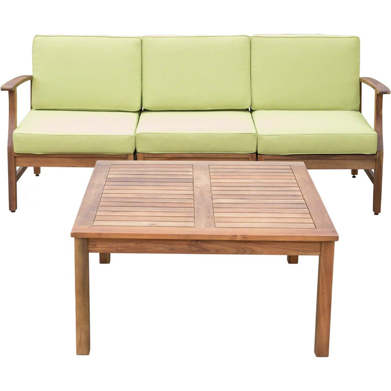 PERLA 3 SEATER SOFA AND TABLE SET, Green Cushion/Natural Frame