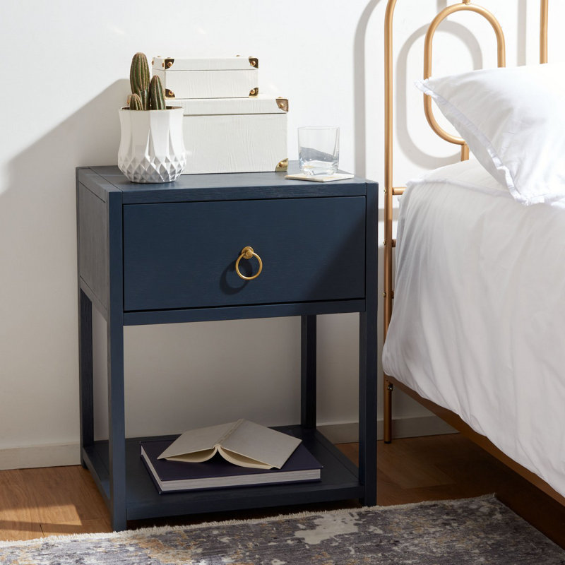 Elegant Yudi 21'' W Acacia Nightstand – Modern Wood Bedside with Gold Pull Drawer and Storage Shelf, Navy