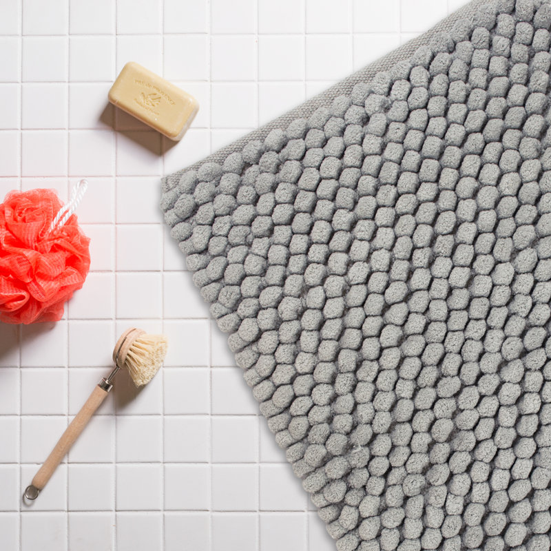 Gray and White Striped High Pile Cotton Bath Mat