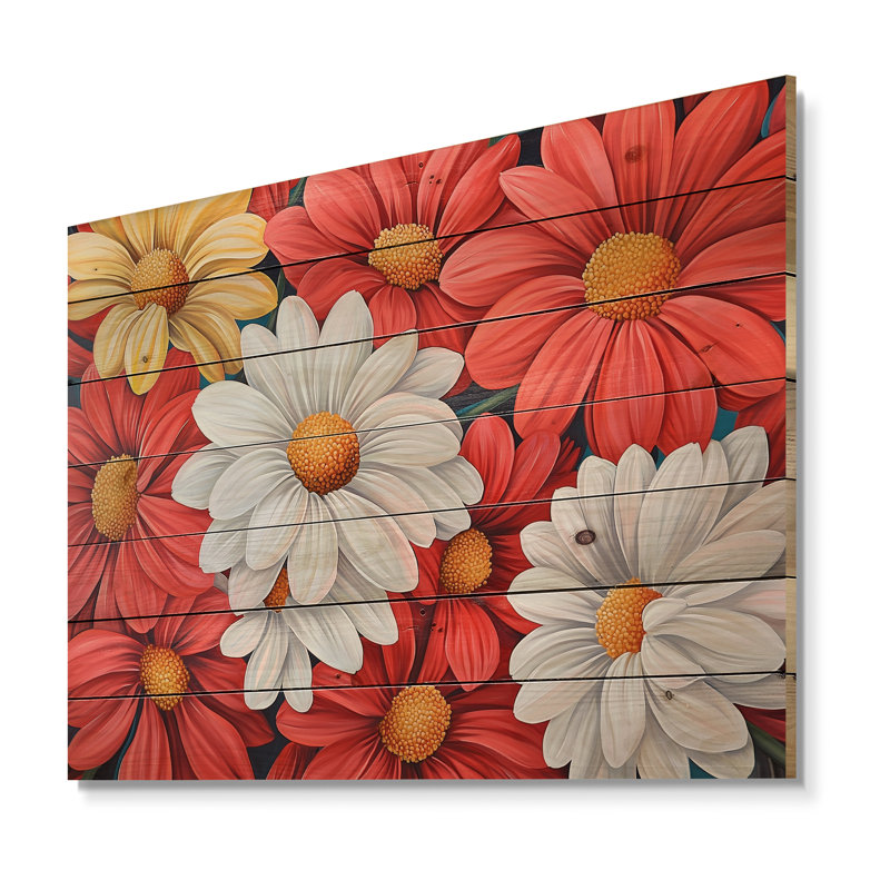 Autumn Daisy Garden Charm II - Daisies White Wood Print On Natural Pine Wood, 10" H x 20" W x 0.78" D