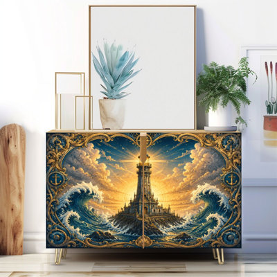 Buffet étroit de 35,4 po de largeur - armoire de rangement décorative à 2 portes avec phare rétro et coucher de soleil surplombant des vagues ornementales, cadre nautique et pieds en métal