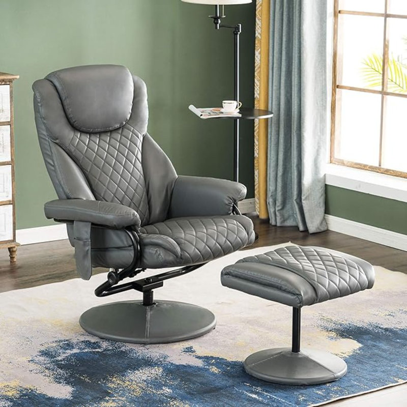 Aashka Faux Leather Swivel Recliner, Gray