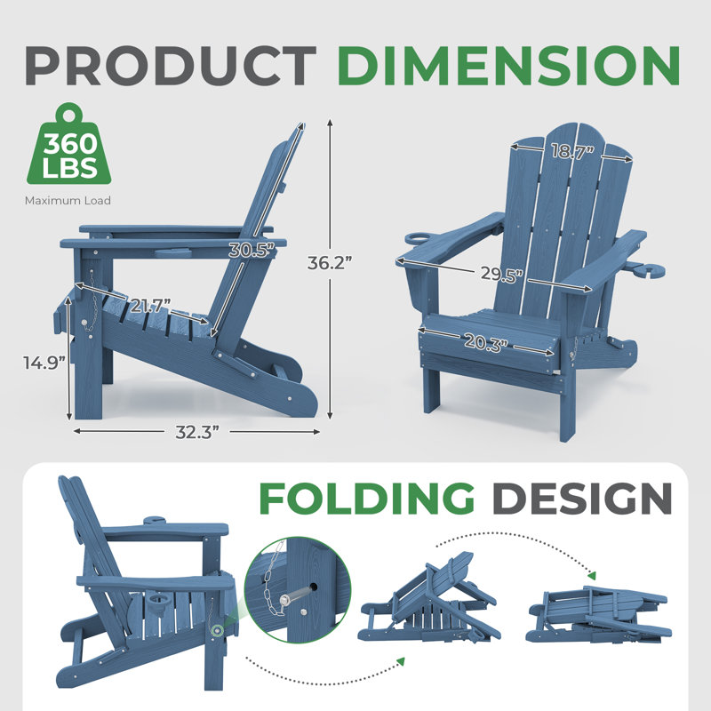 Chaise Adirondack pliante Ayanda en PEHD avec porte-gobelet double (ensemble de 2), Vert pomme