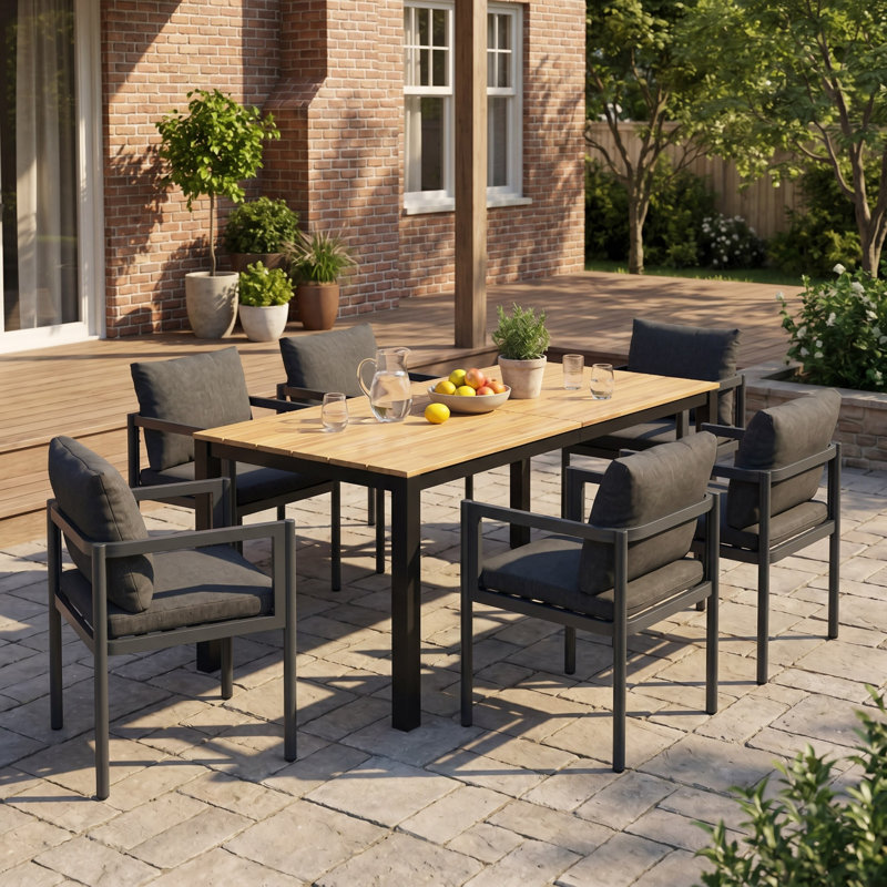 Ensemble de salle à manger d'extérieur 7 pièces, table en bois d'acacia durable avec chaises en aluminium confortables pour les patios