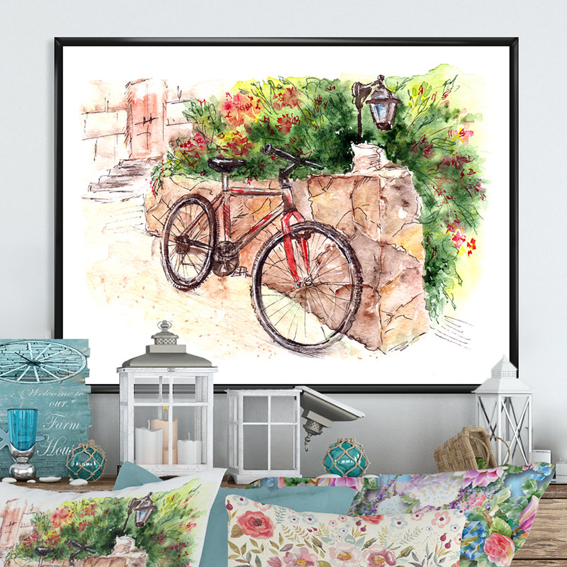 Impression florale sur toile avec bicyclette, H 16 po x l 32 po x P 1 po, Cadre flottant noir