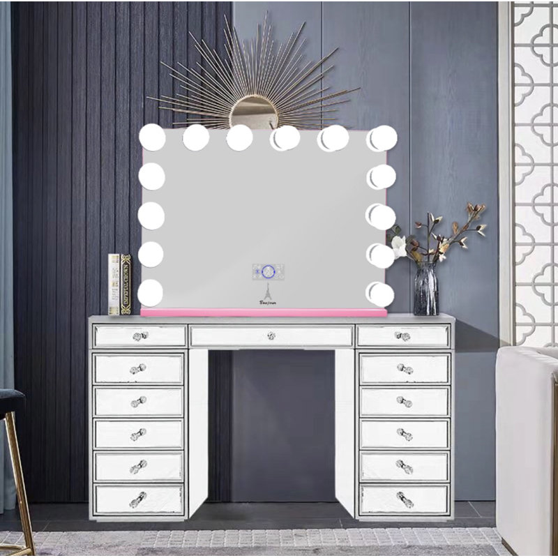 Ensemble coiffeuse Hollywood avec miroir, Noir, H 27 x l 31,5
