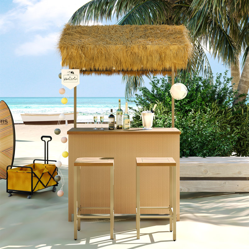 Hawaiian-Style Bar Height Patio Set With PE Grass Canopy, Outdoor Bar Table And Stools With Adjustable Feet, Acacia Wood Top, For Dining And Drinking