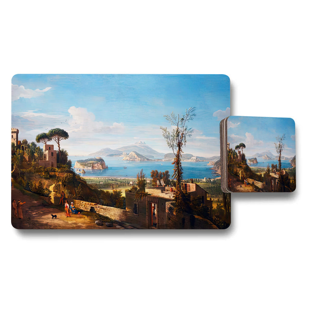 Scenic Landscape Placemat And Coaster Set Featuring Coastal Village Artwork