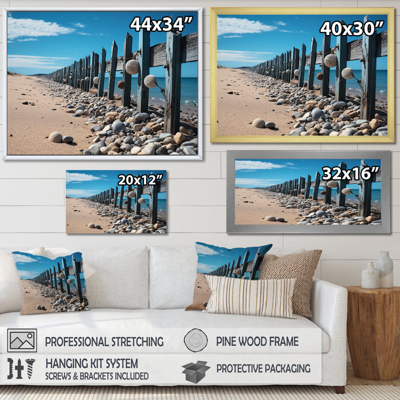 Coastal Minimalisme Beach Fence I - Imprimé, Cadre flottant blanc, H 30 po x l 40 po x P 1,5 po
