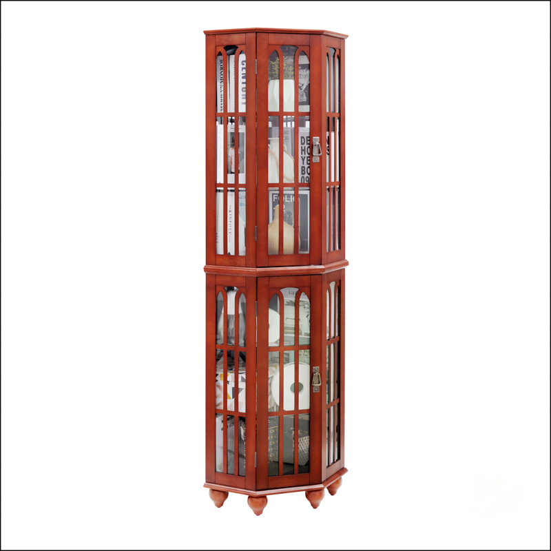 Vitrine d'angle avec 4 tablettes réglables en verre trempé et système d'éclairage, pieds en bois massif, panneau arrière en miroir en acrylique