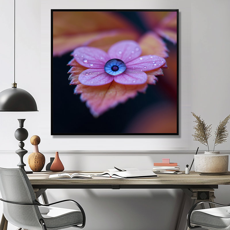 Macro rosée goutte pivoine rose - art mural floral moderne, Cadre flottant noir, bois massif, H 16 po x l 16 po