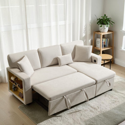 Mitzi  Beige Grey Oxford Cloth Fabric 3 Seater Corner L-Shaped Sofa Bed Couch , Pull Out Sectional Couch Bed with Open Storage, Bed Box and Integrated Shelf