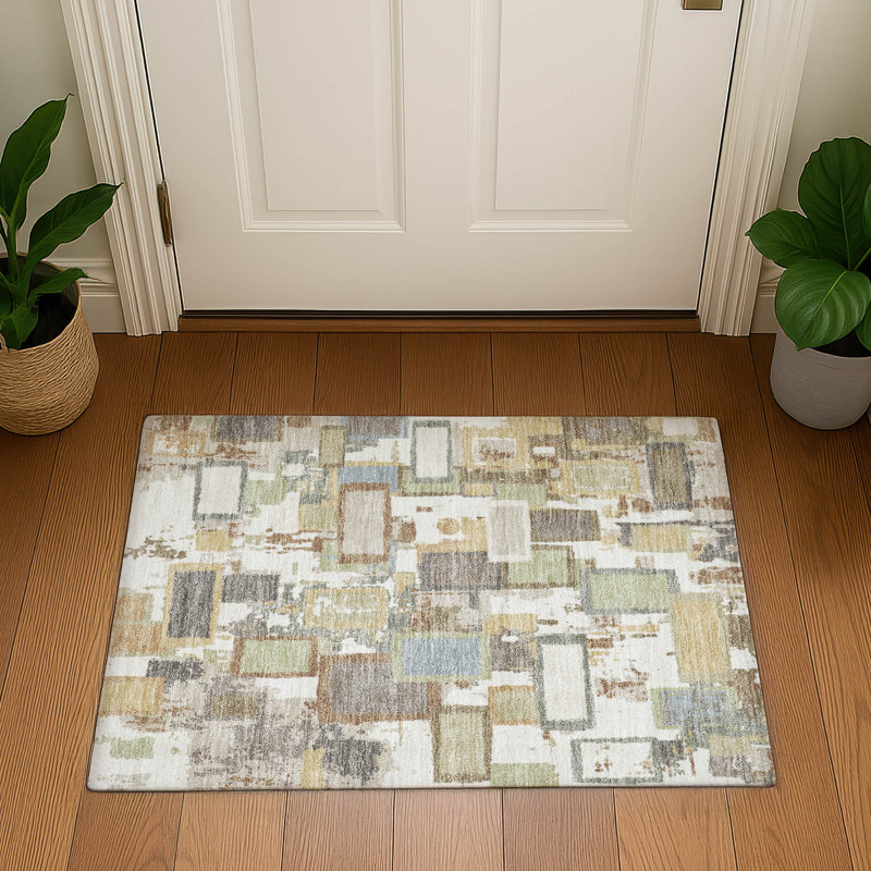 Premium Machine Washable Mayfield AMF2246 Geometric Rug, 1'8" x 2'6", Ivory