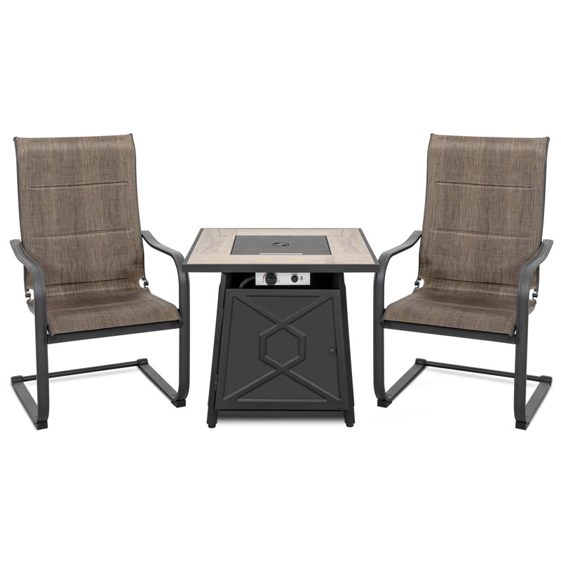 3-piece Outdoor Fire Pit Table Set, 28-inch 50,000 Btu Propane Gas Cabinet Fire Pit Table With Cover And 2 C-spring Motion PVC-coated polyester Chairs, Black With Gold Speckles And Brown Color