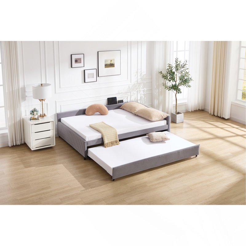 Lit de jour rembourré avec lit gigogne, structure de lit en bois robuste, conception en losange moderne, pour chambre à coucher, chambre d'amis (gris)