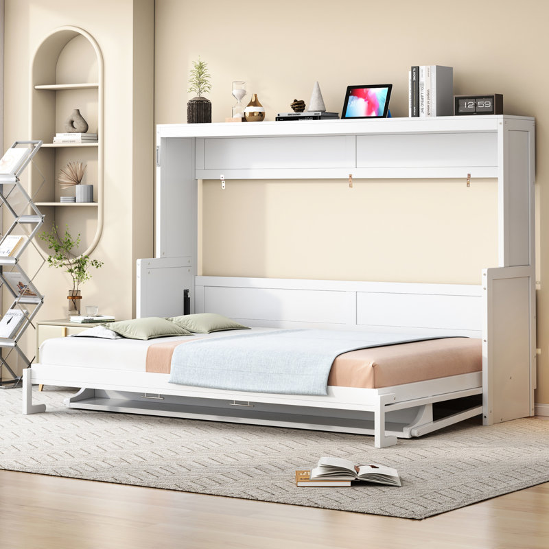 Grand lit mural blanc avec charnières hydrauliques, espace et pratique, capacité de poids de 600 lb, rangement pour matelas inclus, convient aux intérieurs industriels, bureau de levage suggéré de 10 pouces, option pour les chambres,
