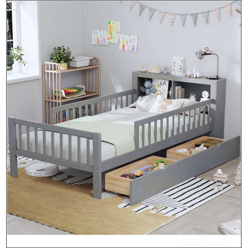 Lit simple avec rangement pour tête de lit, tiroirs sous le lit et garde-corps à trois côtés pour plus de sécurité et d'organisation, gris