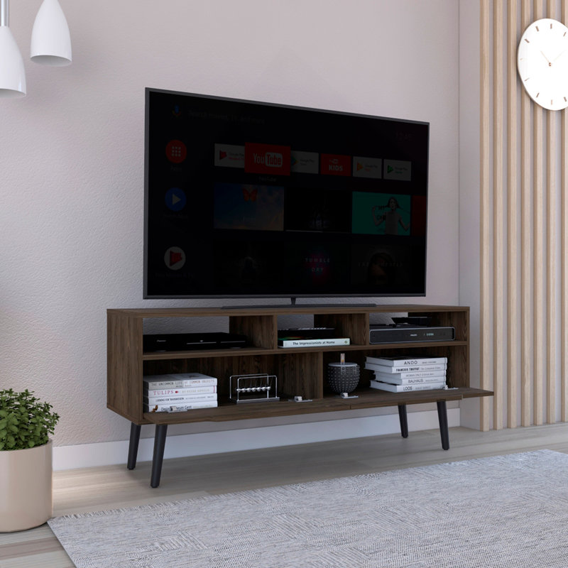 Meuble télé pour télé Bull's 52 po, trois tablettes ouvertes, deux tiroirs flexibles, finition noyer foncé