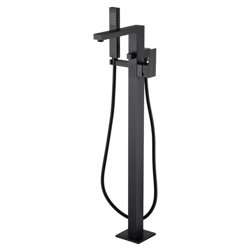Rift Collection Single Handle Floor Mounted Roman Tub Filler Faucet with Hand Shower - Matte Black, Matte Black