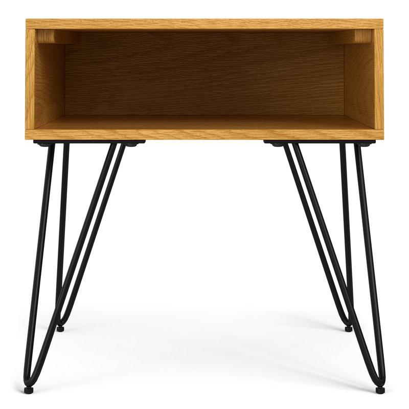 Hunter 22"W Solid Mango Wood and Metal Industrial Square End Table with Open Storage and Hairpin Legs, Oak Veneer, Black
