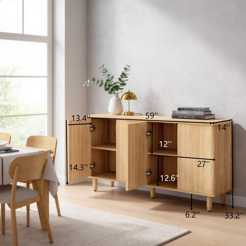 Contemporary Walnut Buffet Cabinet, Freestanding Sideboard with Semicircle Pattern Doors and 4-Tier Storage Shelves, Sturdy Particle Board Accent Cabinet for Home Decor