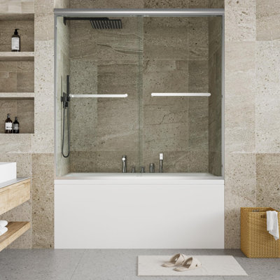 Porte de douche coulissante double pour baignoire, 142-152 cm de largeur x 150 cm de hauteur, avec cadre en aluminium argenté brossé et verre trempé de 6 mm, revêtement facile à nettoyer pour baignoire.