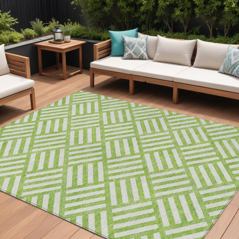Tapis intérieur / extérieur géométrique lavable 9 pi x 12 pi vert lime et ivoire