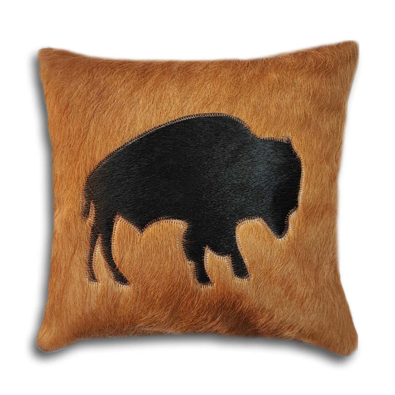 Cowhide Cushion Cover with Bison, 16"H x 16"W