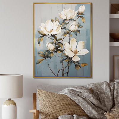 «Magnolias II» bleu et doré sur toile