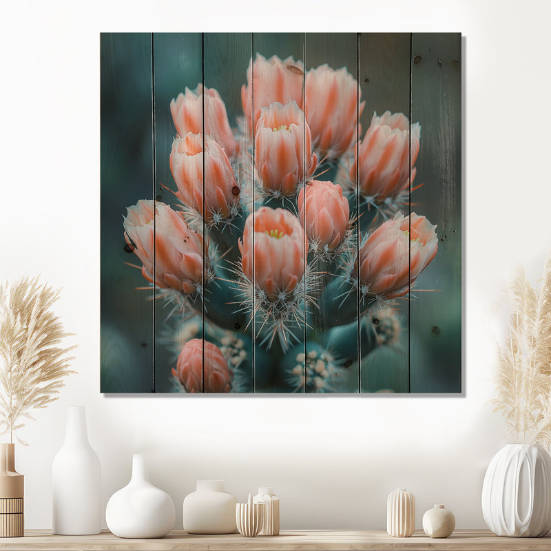 Cactus en fleurs à l'aube - Cactus floral, art mural sur bois de pin naturel, H 15 po x l 15 po x P 0,78 po