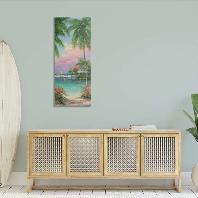 "Tropical Beach Palms Docked Bateaux", art mural par Martin Figlinski, H 48 po x l 20 po x P 1,5 po
