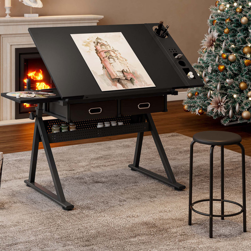 Table de dessin réglable avec 2 tiroirs et tabouret, bureau à domicile noir et poste de travail scolaire
