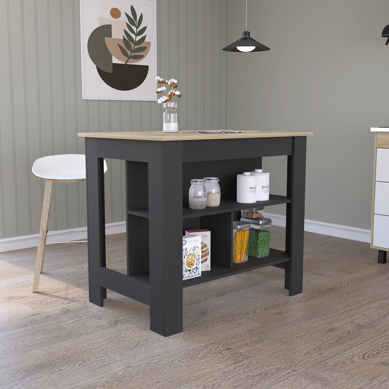 Îlot de cuisine, quatre pieds, trois tablettes, Noir, noir, noir, noir, Bois naturel / gris