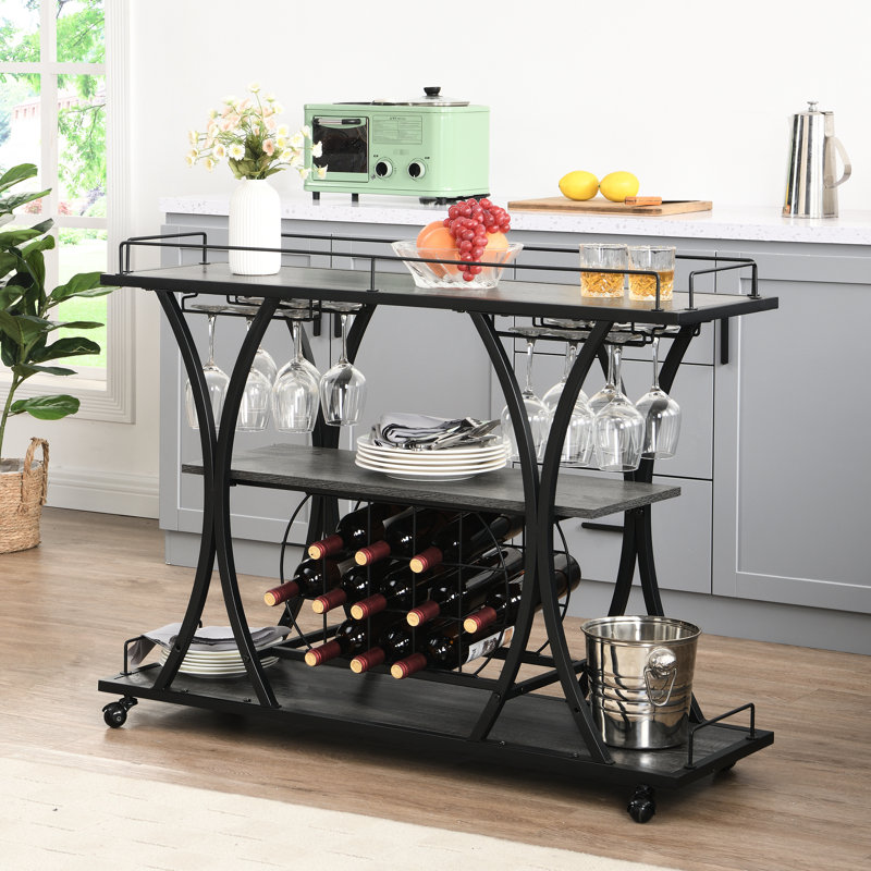 Chariot-bar à 3 niveaux avec roulettes, support pour 11 bouteilles, rangement pour 16 verres à vin, cadre en fer et facile à construire pour les tablettes, roulage en douceur, assemblage sans tracas