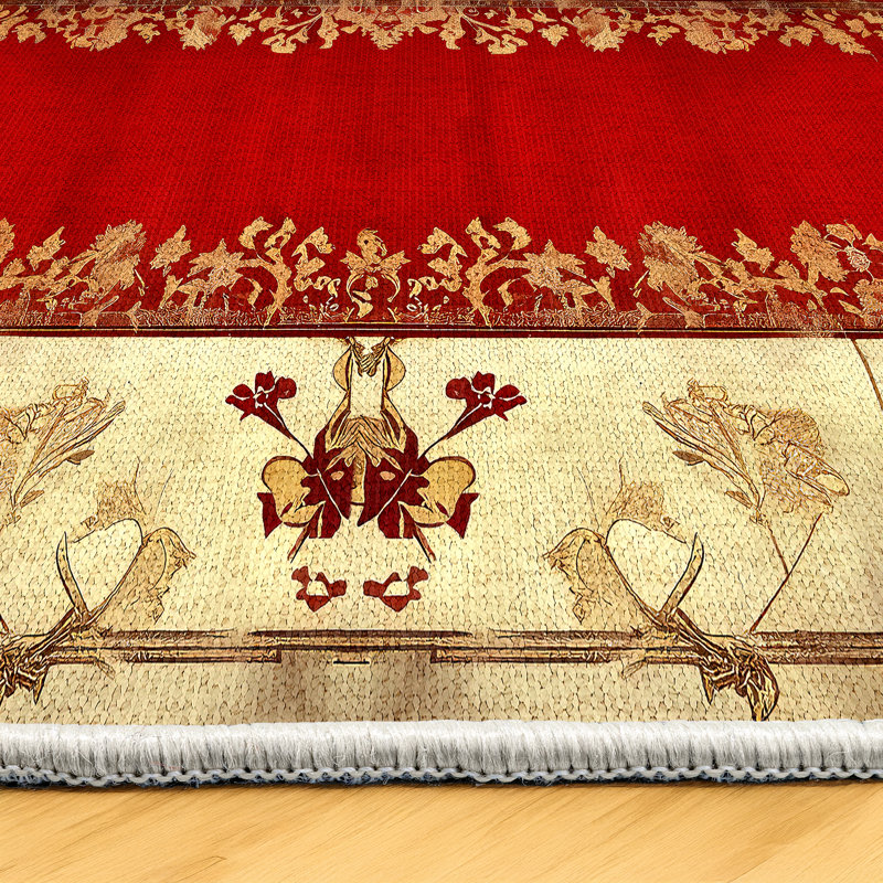 Susan Beige Red Oriental Machine Printed Cotton Polyester Area Rug, Runner 5'3" x 11'6"