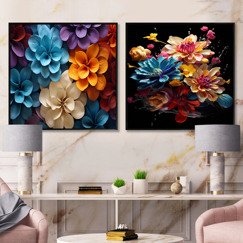 Natures mortes abstraites colorées - ensemble de 2 collages carrés abstraits, Cadre flottant noir, H 16 po x l 33 po
