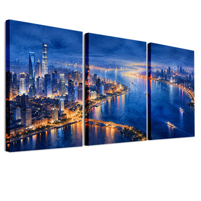 Blue City Skyline With River And Bridge At Night Set Of 3 Canvas Wall Art