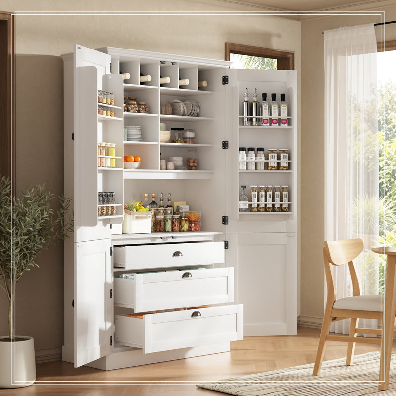 Cuisine Emaleah avec 4 portes, 3 tiroirs, casier à vin et tablettes ajustables, Blanc