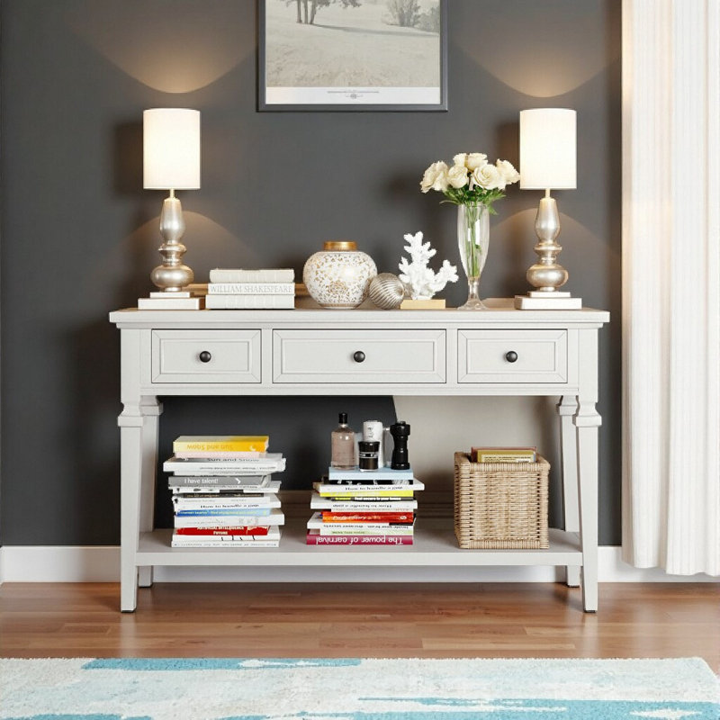 Console rétro 50 "avec 3 tiroirs et tablette, Blanc