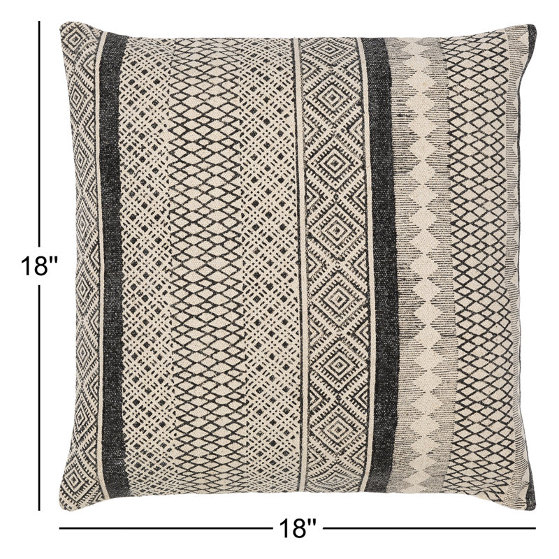 Oreiller carré 100% coton Zetta, Beige clair / Noir, 18 po x 18 po, Polyester/ Bourre en polyester
