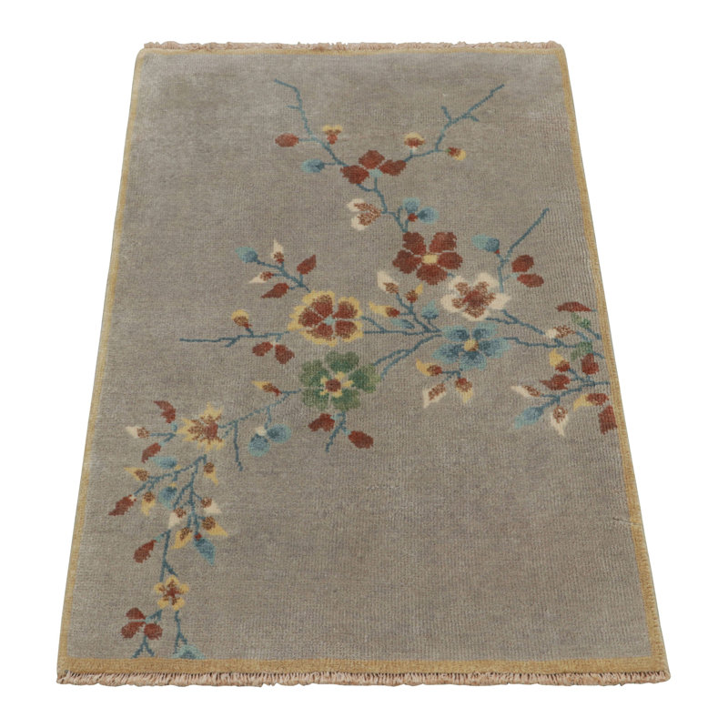Art Deco Hand Knotted Wool Floral Area Rug, Rectangle 12' x 18'