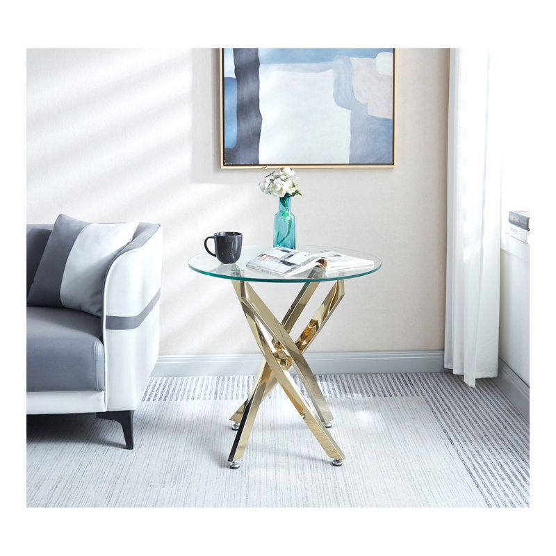 Table de bout moderne en verre trempé avec pieds en acier inoxydable